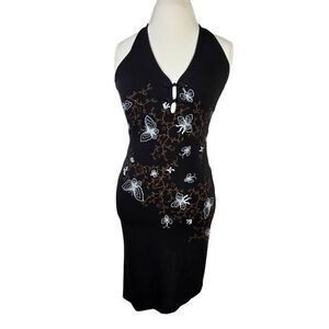 MINT Vingtage 70s Black Embroidered Halter Dress Butterfly Y2k